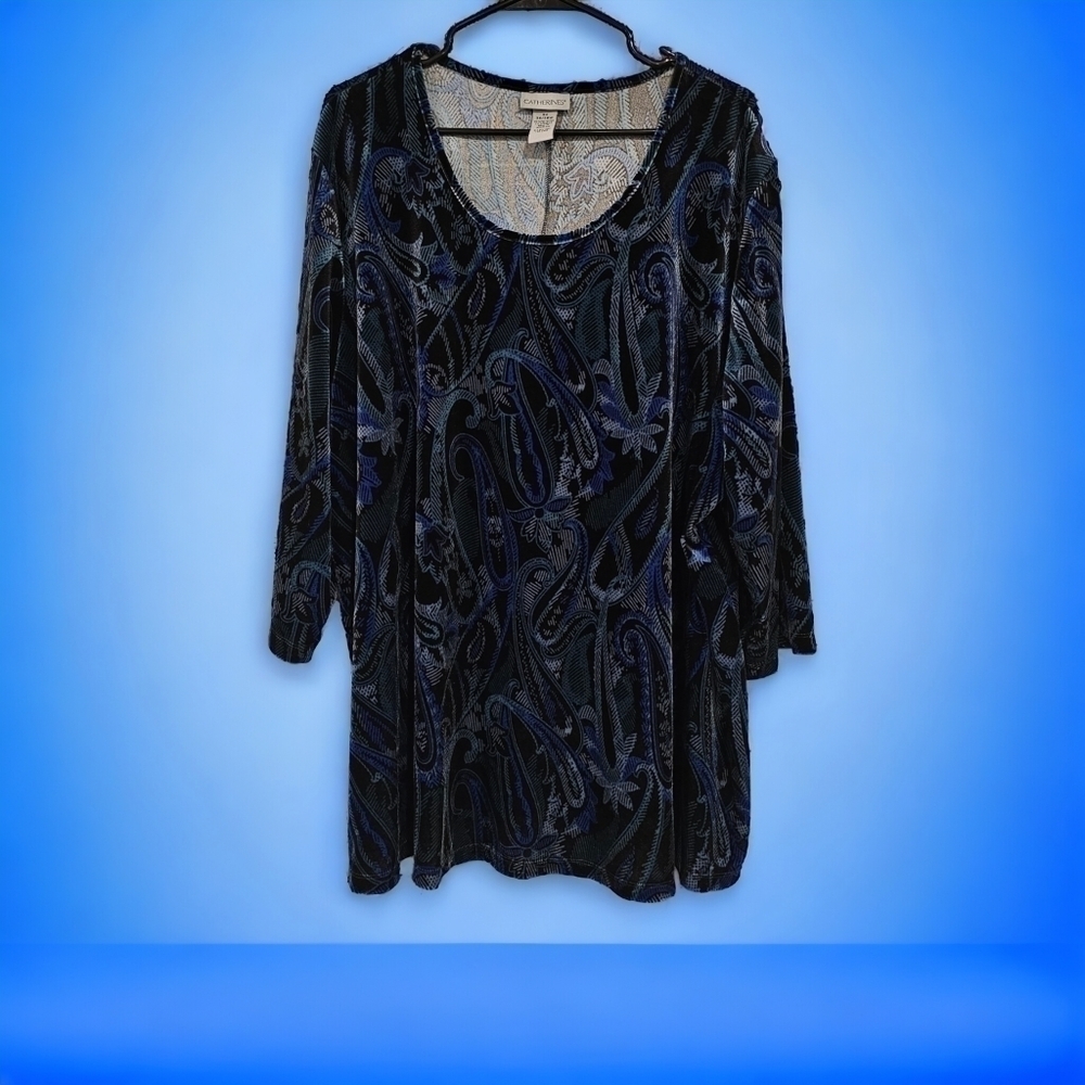 Catherine's Sz 4X 26W 28W Deep Rich Art Sapphire Green Paisley Velvet Blouse Top